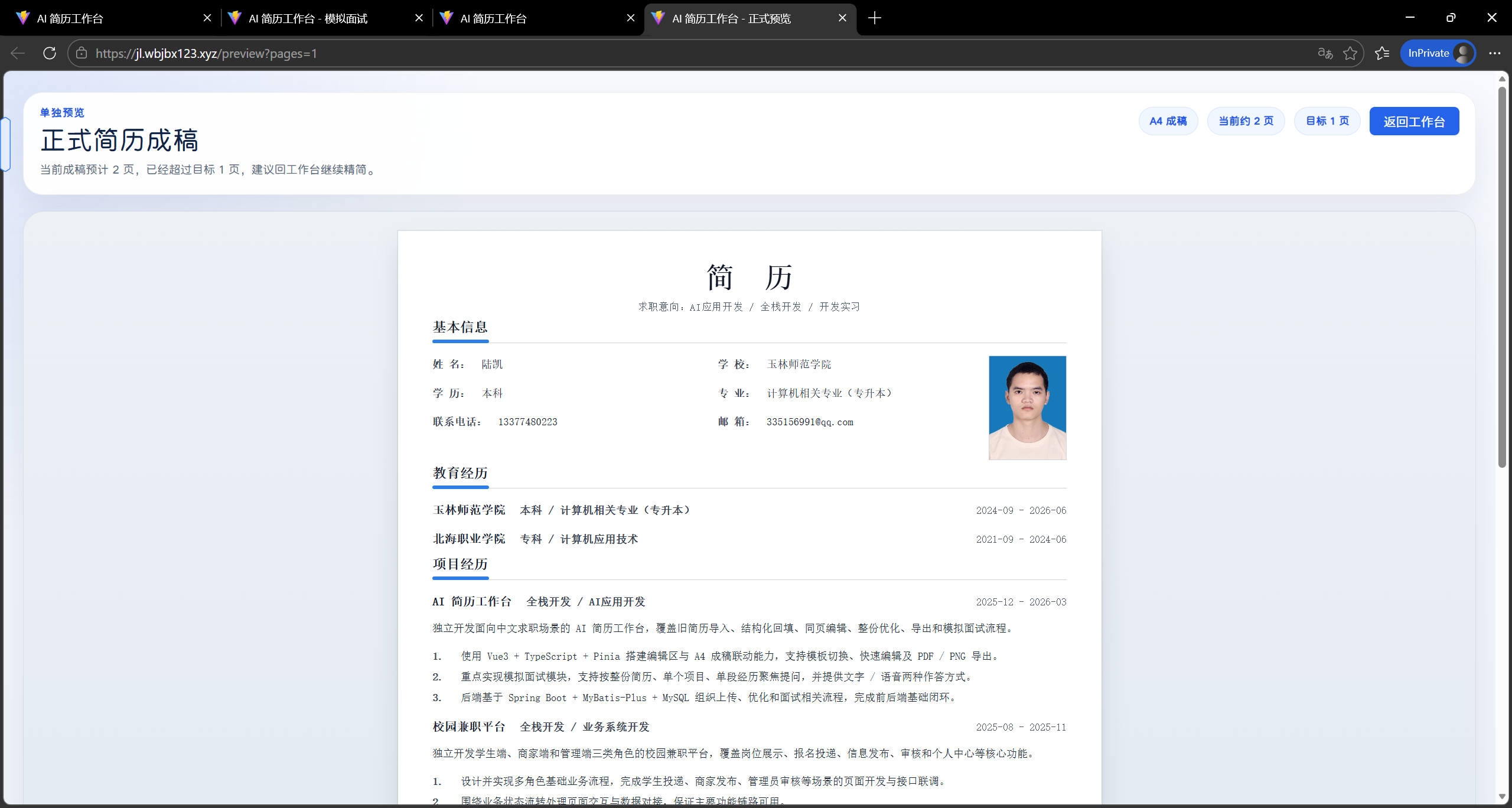 正式简历预览页
